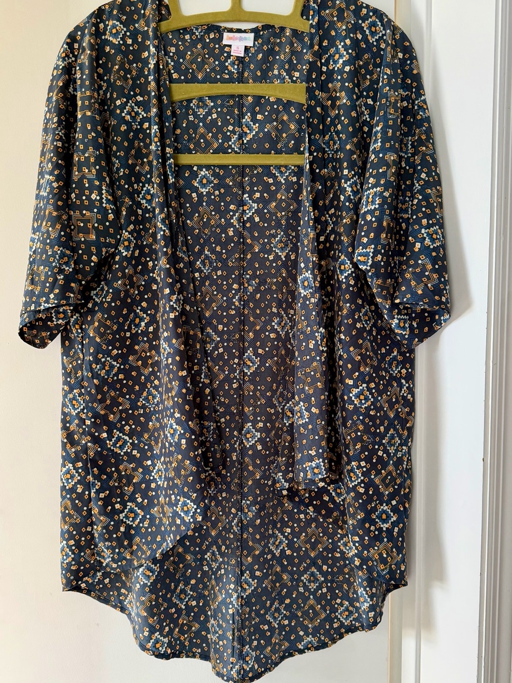 LuLaRoe Shirley Boho Geo Print Kimono Cardigan | Blue Mustard Duster S